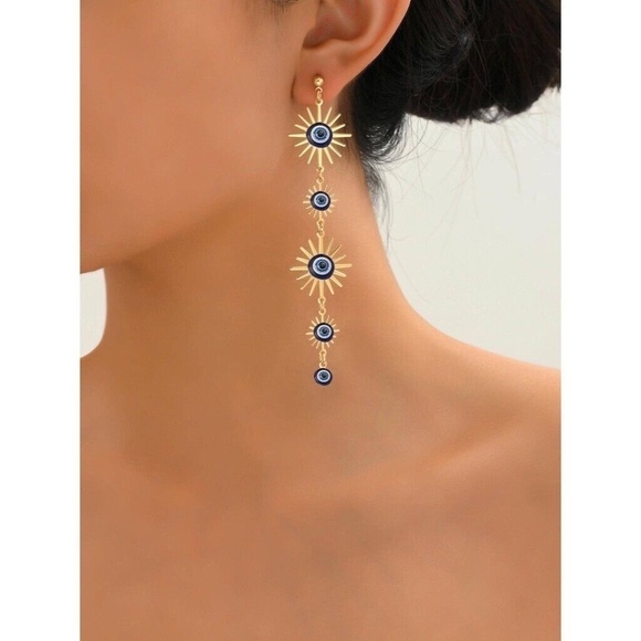 NEW! Long Dangle Blue Gold Sun Shoulder Duster Earrings Post Boho Festival - Picture 4 of 7